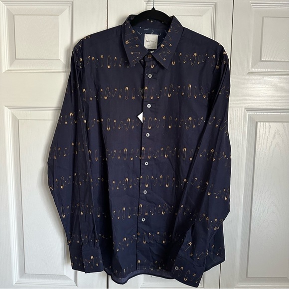 Paul Smith Soho Navy Safety Pin Print Long Sleeve Button Down Shirt 16.5/41 - Picture 1 of 14